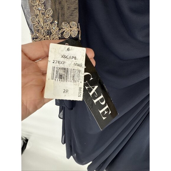 New XSCAPE Size 2 Petite Navy Gold Embellished Illusion-Bodice Ruched Gown Dress - Picture 9 of 10